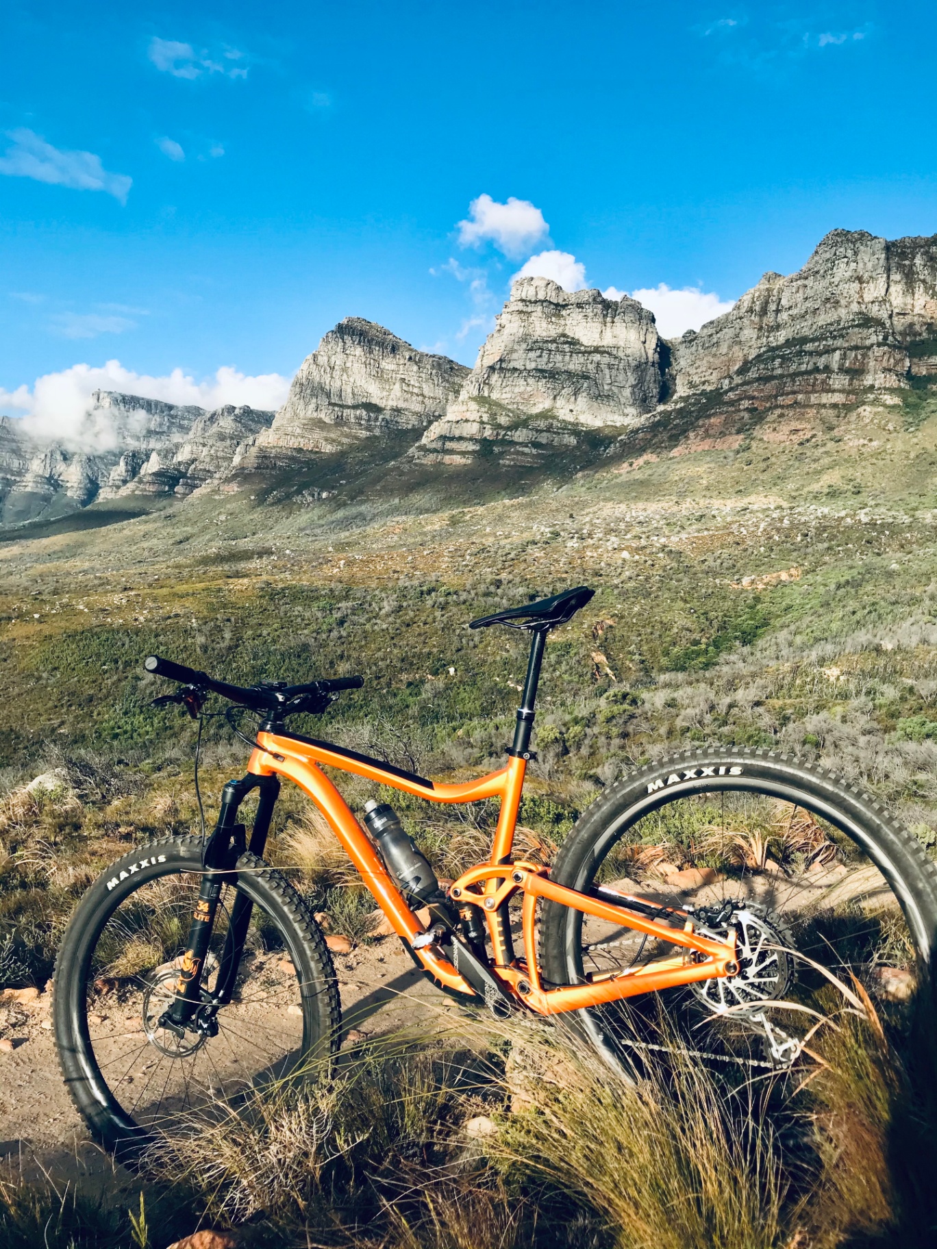 Orange full-suspension bike below the Twelve Apostles
